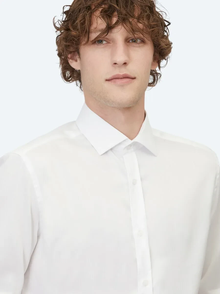 White Plain Regular Fit Weaving Classical 100% Cotton Shirt - 4