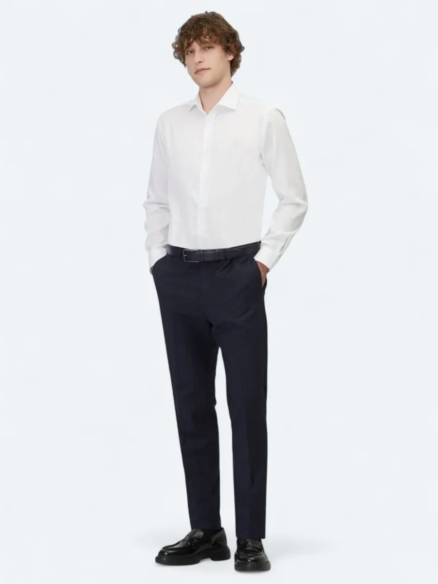 White Plain Regular Fit Weaving Classical 100% Cotton Shirt - 2