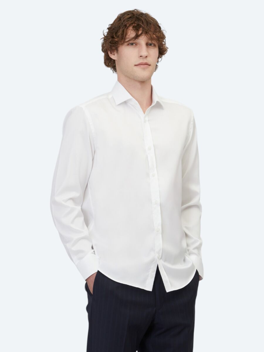 White Plain Regular Fit Weaving Classical 100% Cotton Shirt - 3