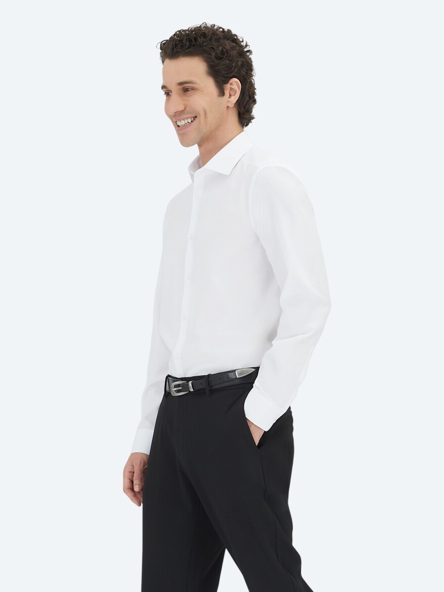 White Plain Regular Fit Weaving Classical Cotton Blended Shirt - 1