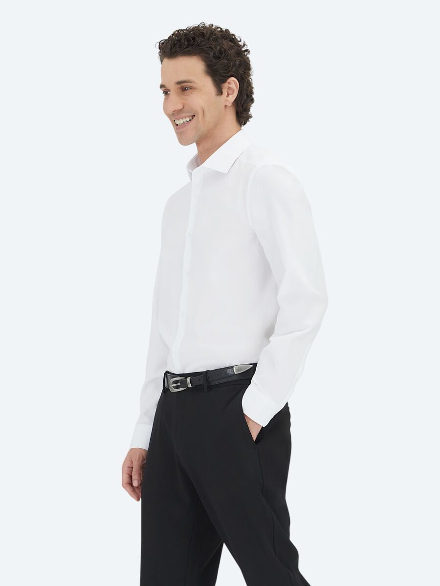 White Plain Regular Fit Weaving Classical Cotton Blended Shirt - 1