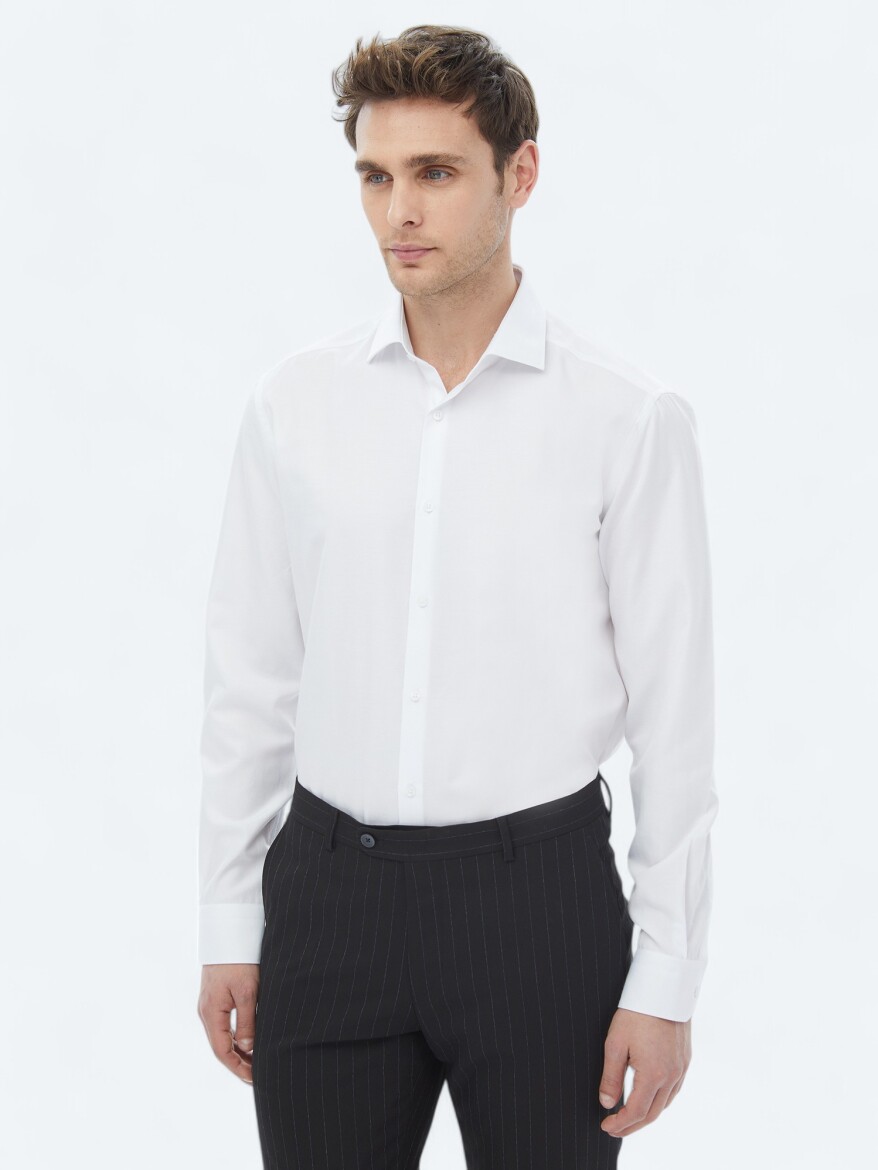 White Plain Regular Fit Weaving Classical Cotton Blended Shirt - 5
