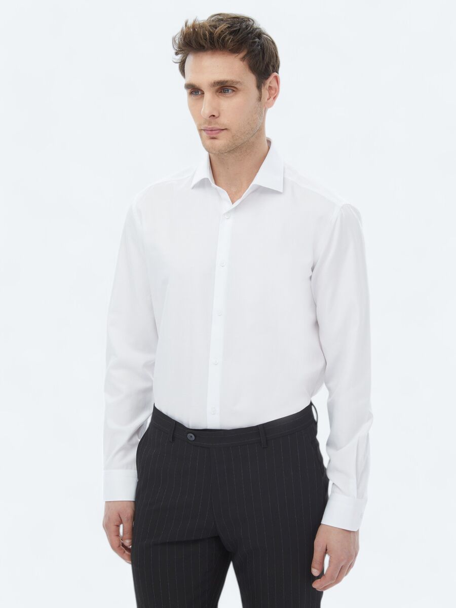 White Plain Regular Fit Weaving Classical Cotton Blended Shirt - 5