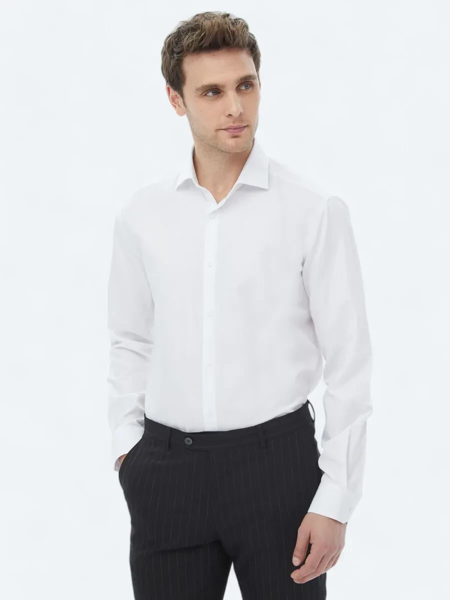 White Plain Regular Fit Weaving Classical Cotton Blended Shirt - 1
