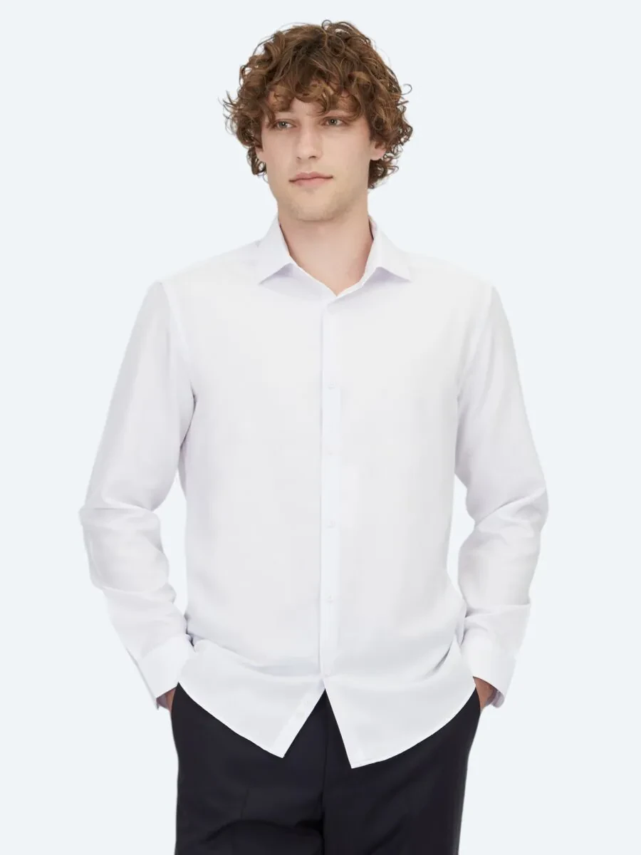 White Plain Regular Fit Weaving Classical Cotton Blended Shirt - 3