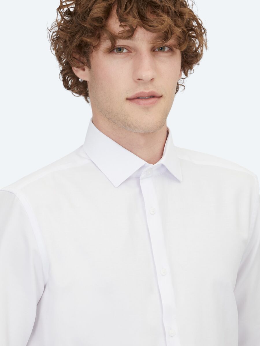 White Plain Regular Fit Weaving Classical Cotton Blended Shirt - 4