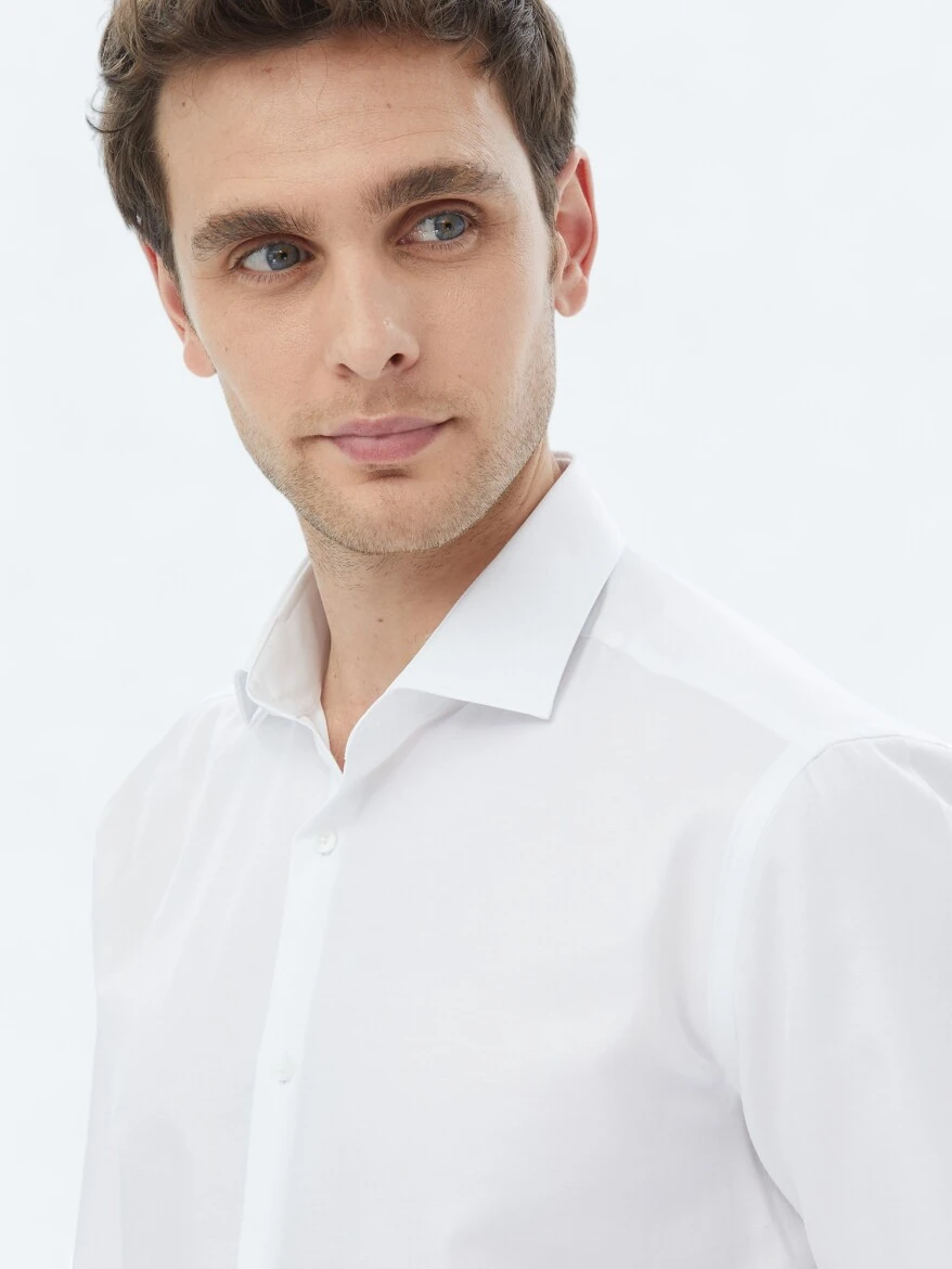 White Plain Regular Fit Weaving Classical Cotton Blended Shirt - KİP