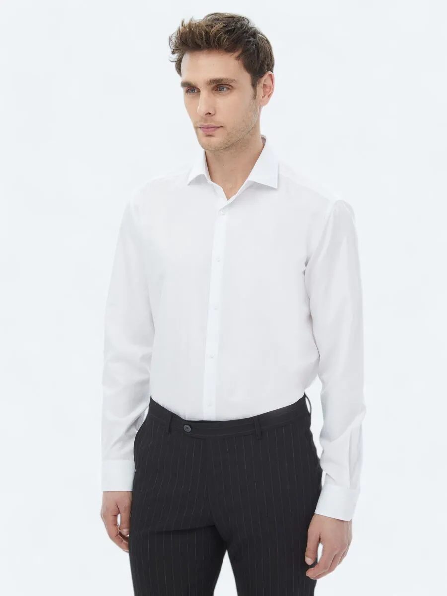 White Plain Regular Fit Weaving Classical Cotton Blended Shirt - 4