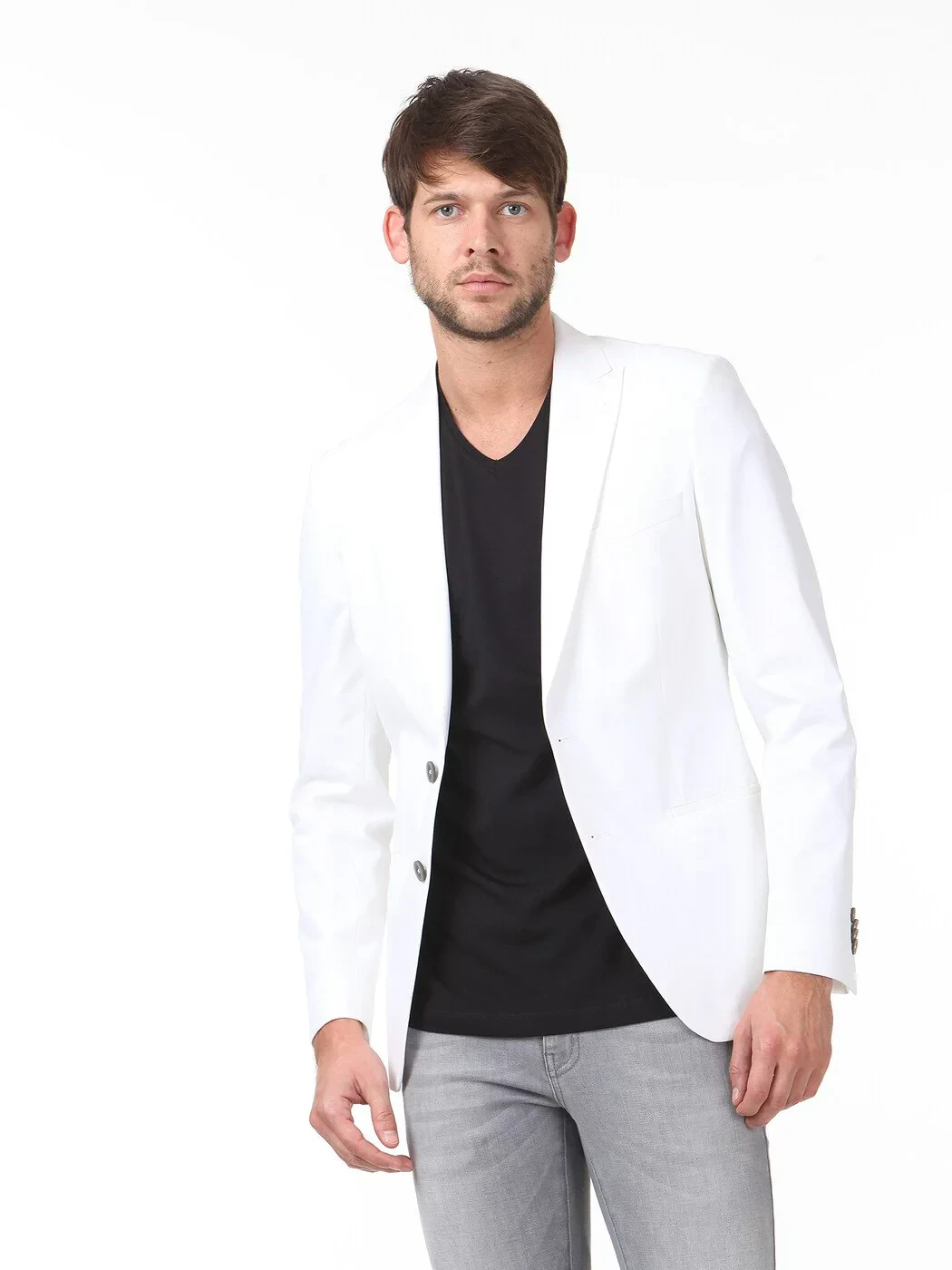 White Plain Slim Fit Cotton Blended Jacket - 1