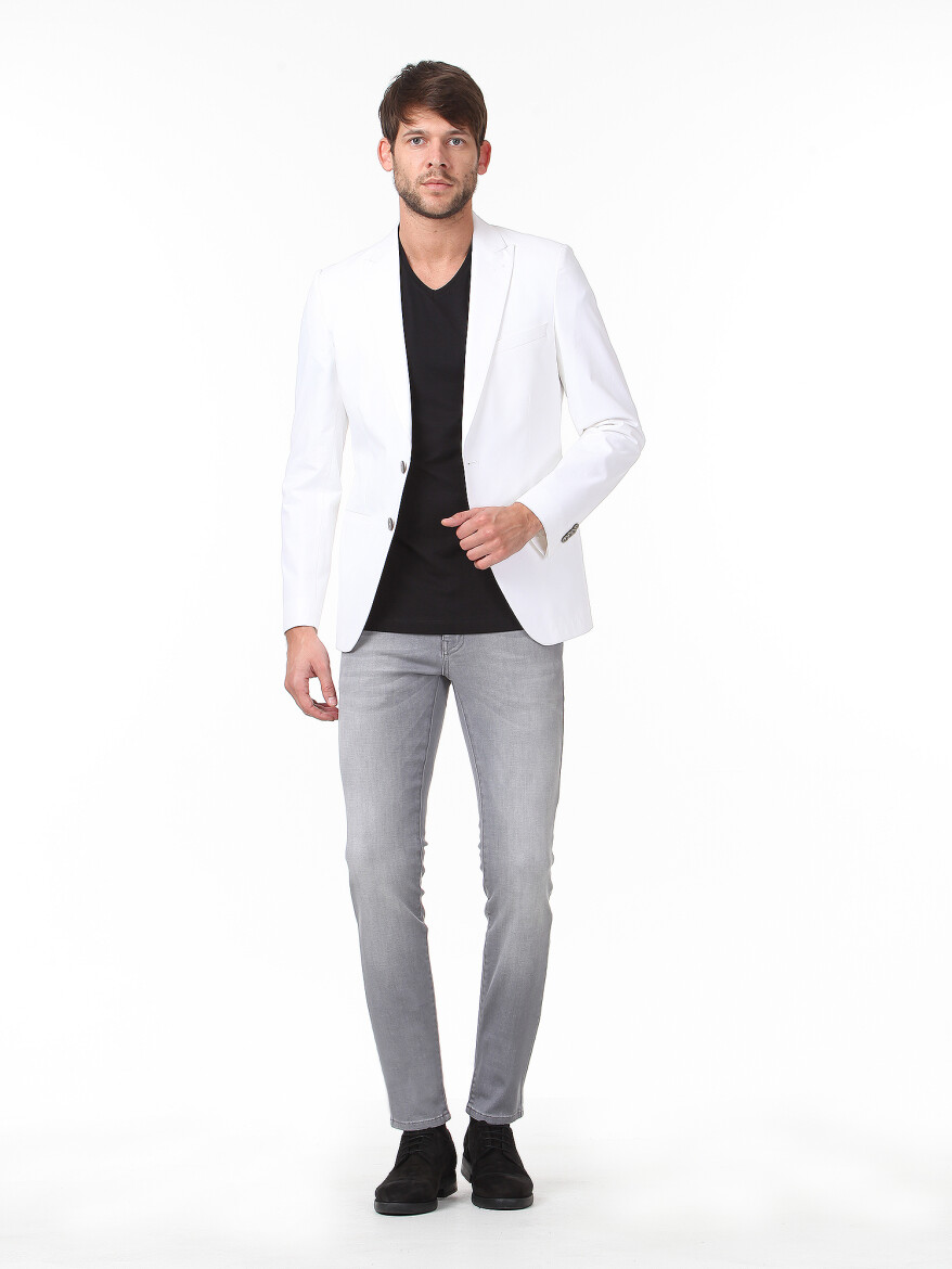 White Plain Slim Fit Cotton Blended Jacket - 3