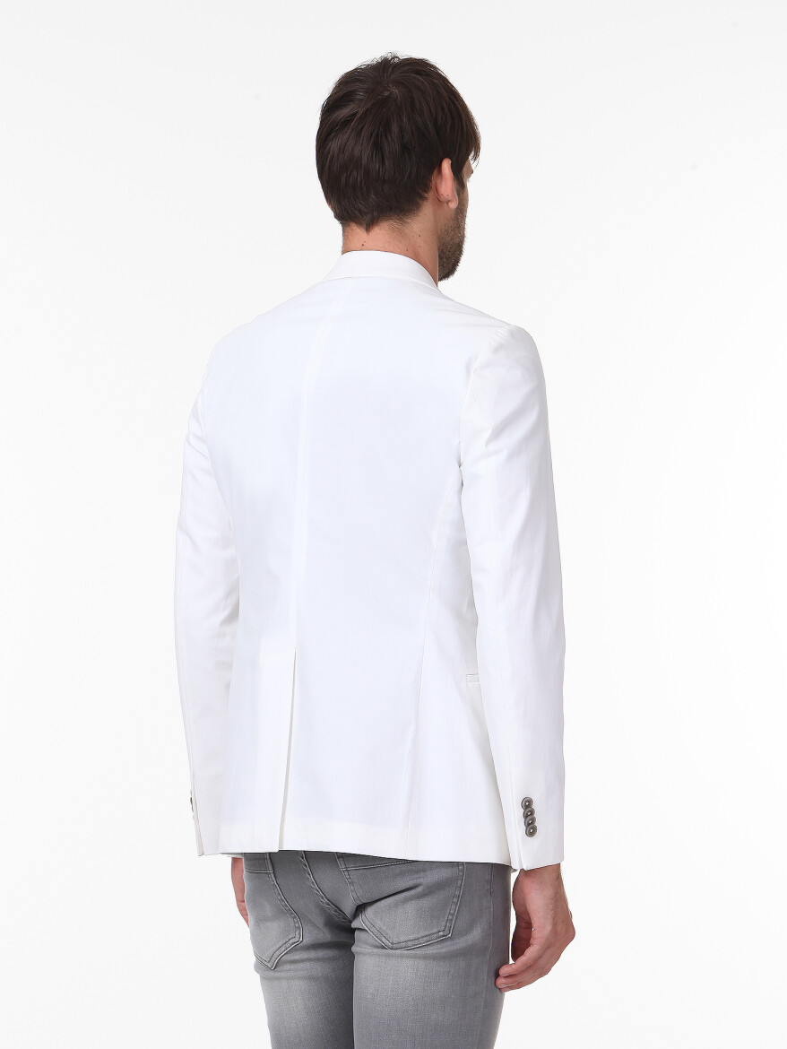 White Plain Slim Fit Cotton Blended Jacket - 4