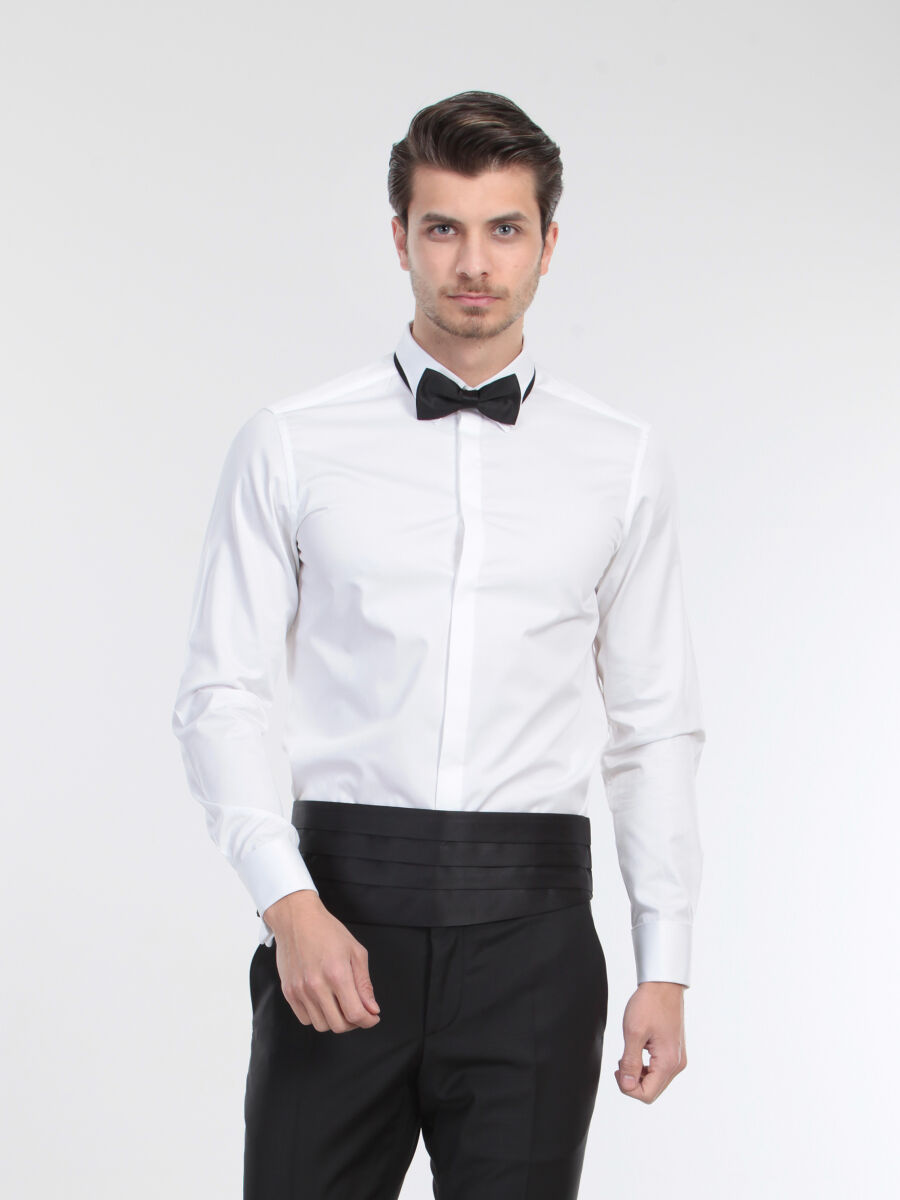 White Plain Slim Fit Double Cuff Classic Collar Tuxedo Shirts - 2