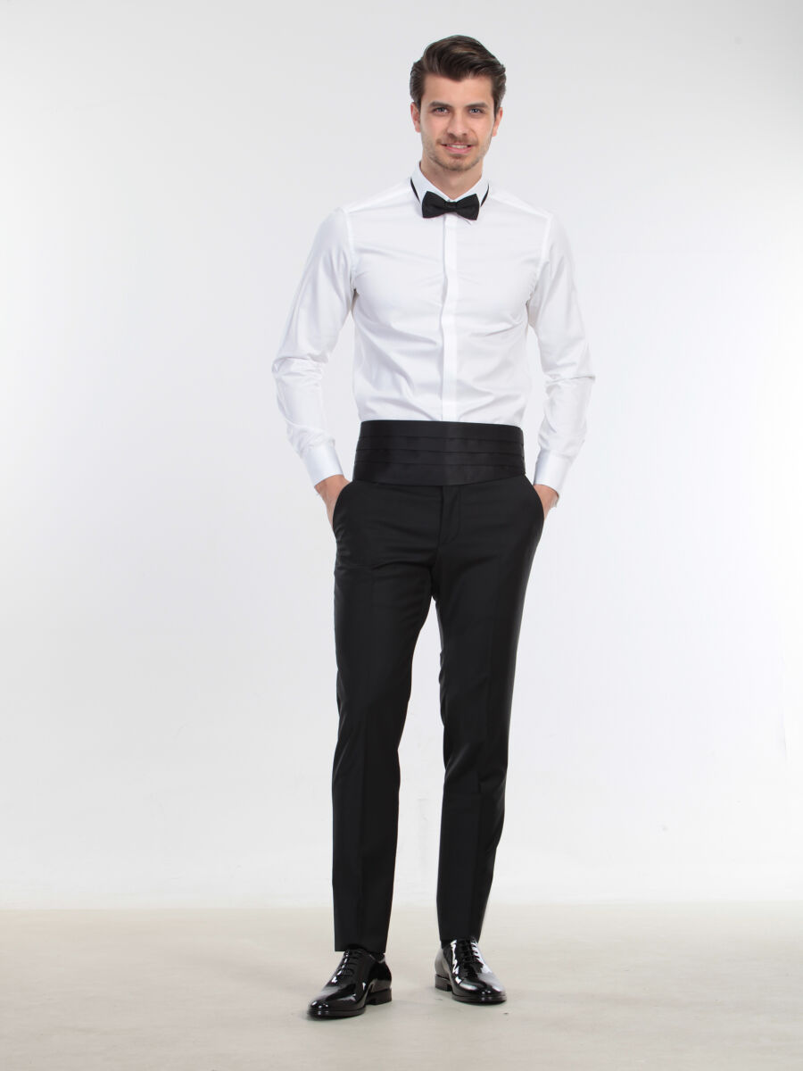 White Plain Slim Fit Double Cuff Classic Collar Tuxedo Shirts - 3
