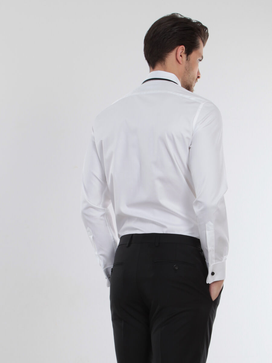 White Plain Slim Fit Double Cuff Classic Collar Tuxedo Shirts - 5