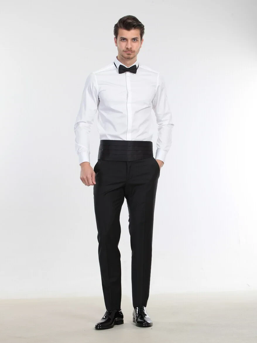 White Plain Slim Fit Double Cuff Classic Collar Tuxedo Shirts - 4
