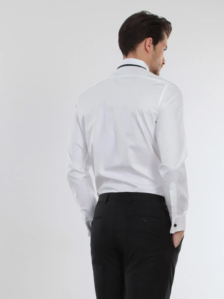 White Plain Slim Fit Double Cuff Classic Collar Tuxedo Shirts - 5