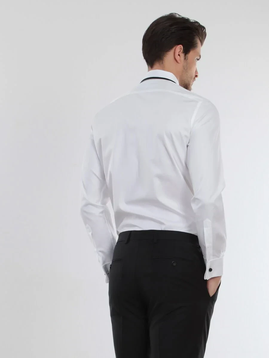 White Plain Slim Fit Double Cuff Classic Collar Tuxedo Shirts - 5