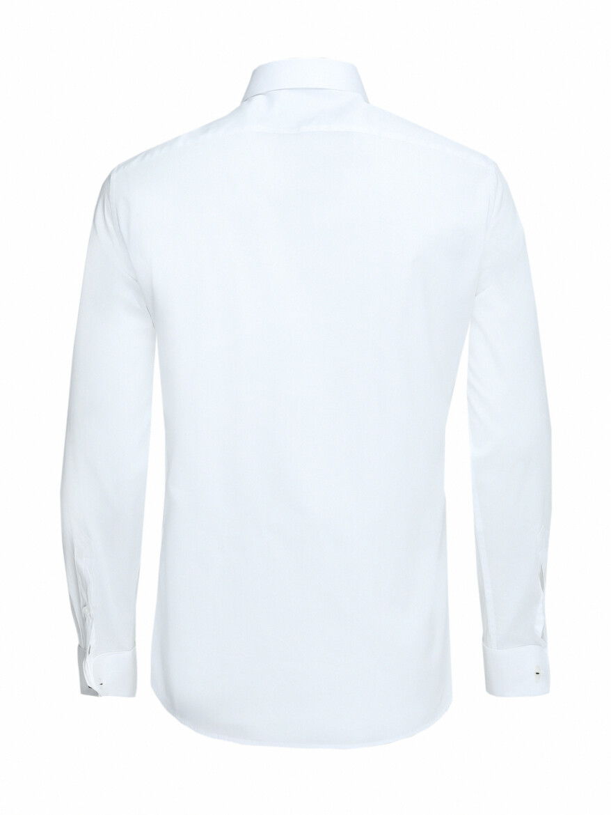 White Plain Slim Fit Double Cuff Classic Collar Tuxedo Shirts - 5