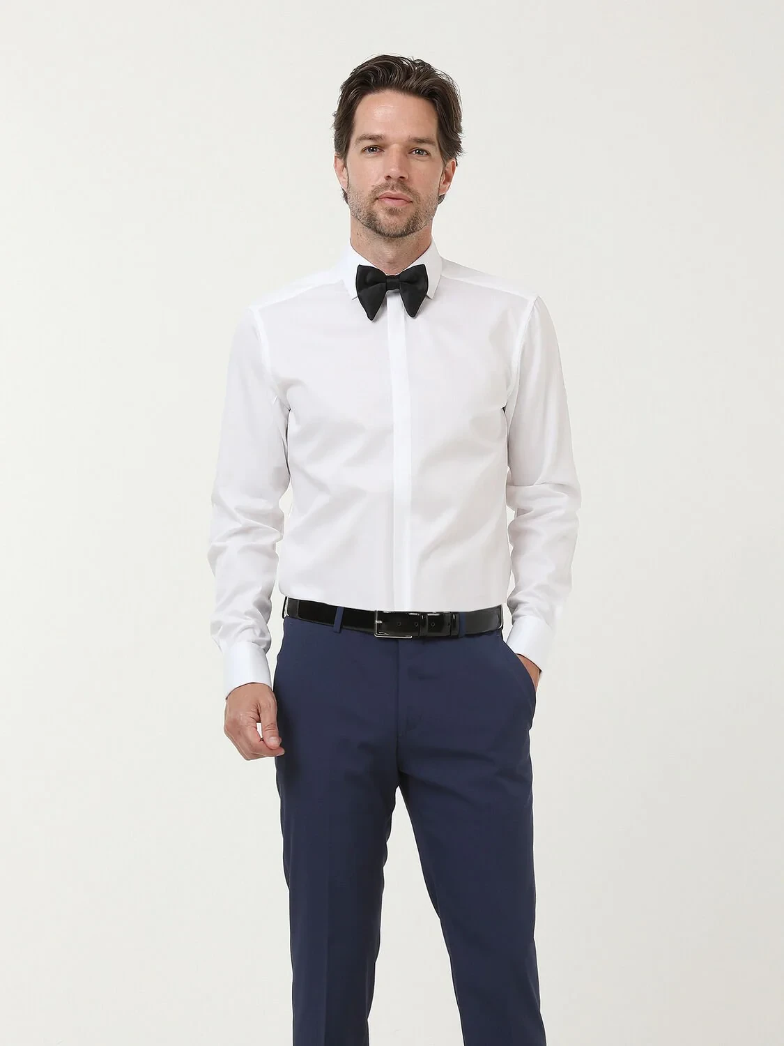 White Plain Slim Fit Double Cuff Classic Collar Tuxedo Shirts - 2