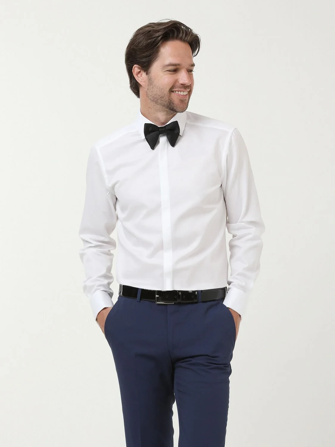 White Plain Slim Fit Double Cuff Classic Collar Tuxedo Shirts - 3