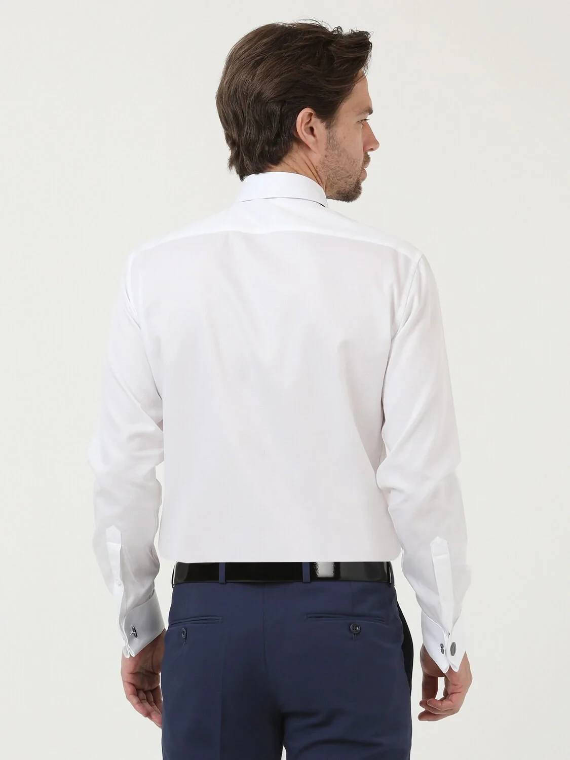 White Plain Slim Fit Double Cuff Classic Collar Tuxedo Shirts - 4
