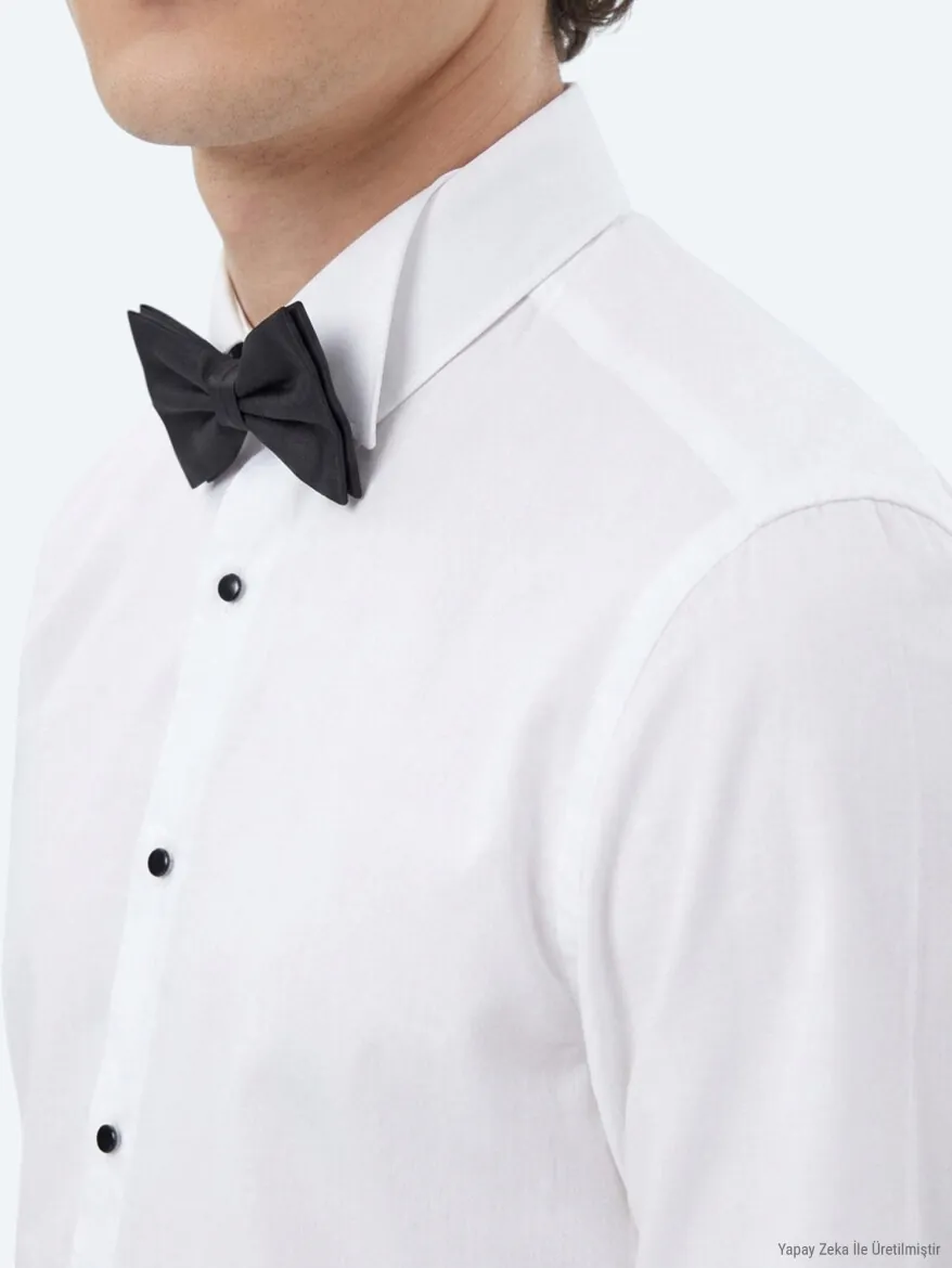White Plain Slim Fit Double Cuff Tuxedo Shirts - 3