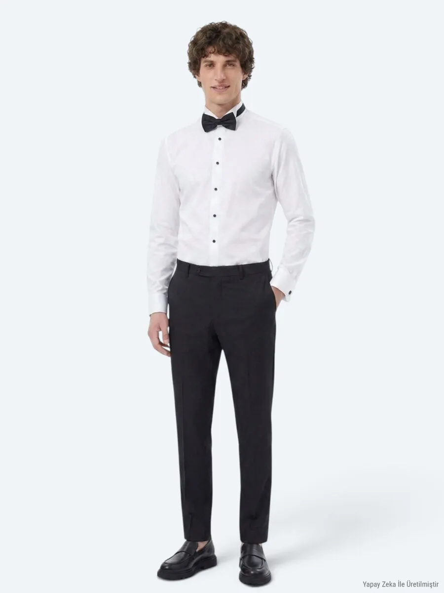 White Plain Slim Fit Double Cuff Tuxedo Shirts - 4
