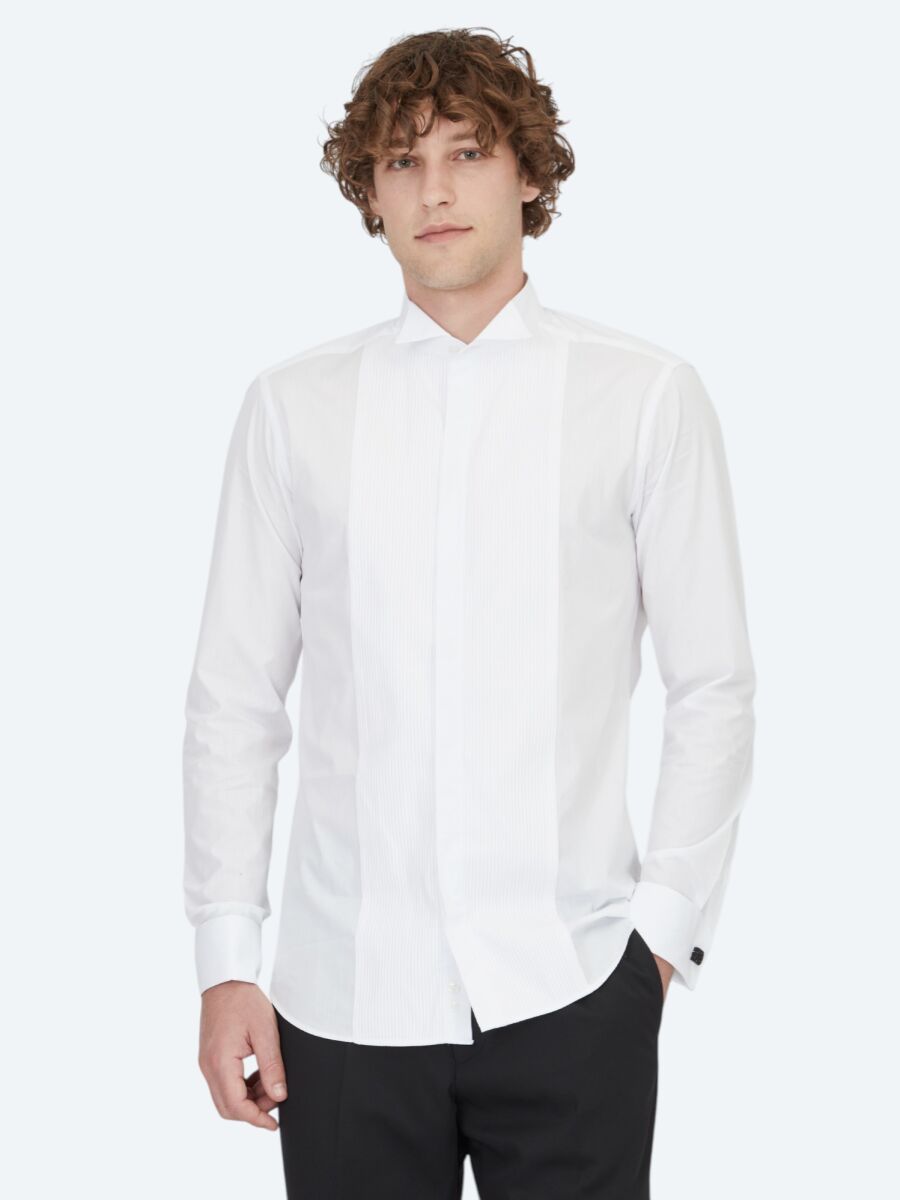 White Plain Slim Fit Double Cuff Tuxedo Shirts - 3