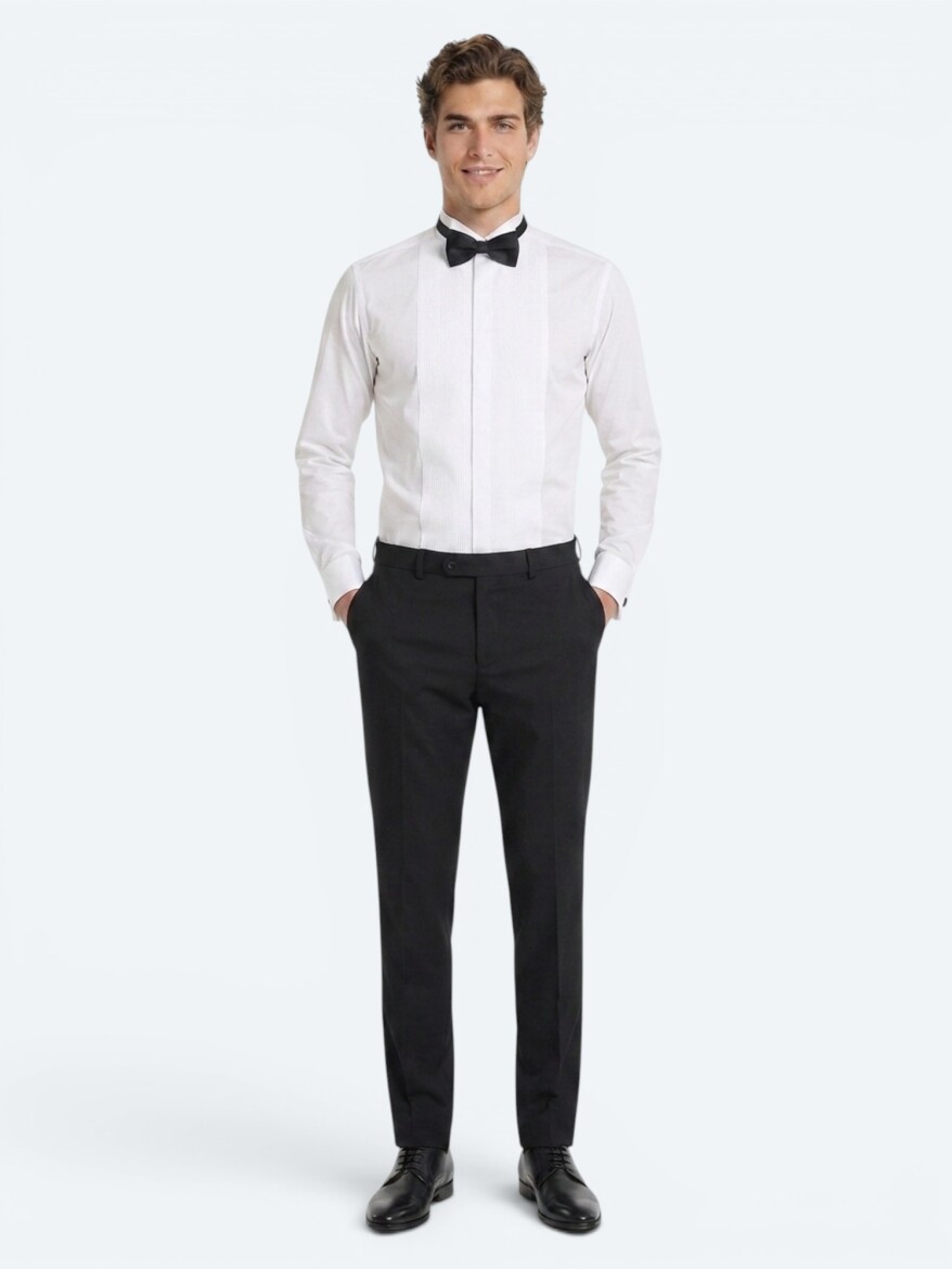 White Plain Slim Fit Double Cuff Tuxedo Shirts - KİP