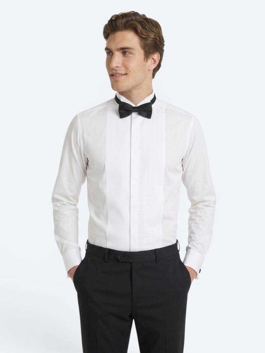 White Plain Slim Fit Double Cuff Tuxedo Shirts - 4