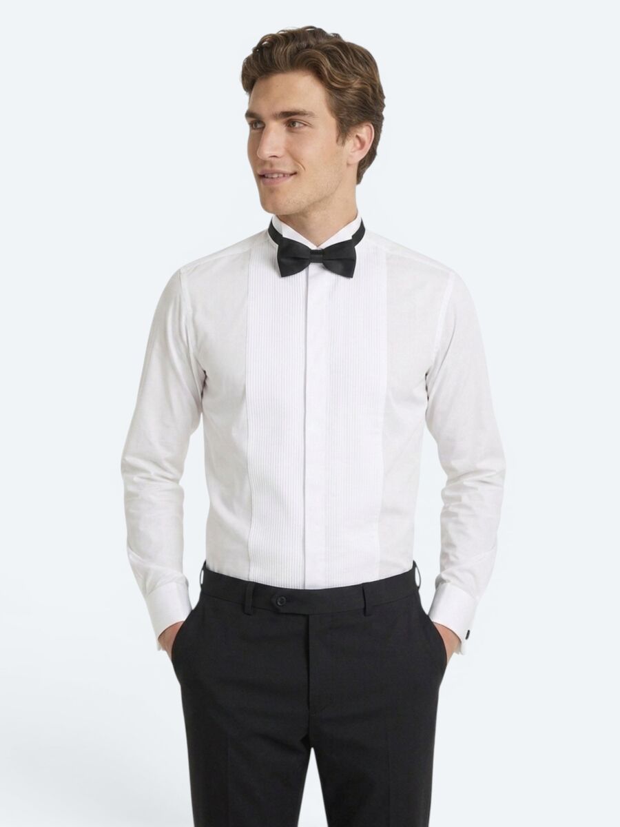 White Plain Slim Fit Double Cuff Tuxedo Shirts - 4
