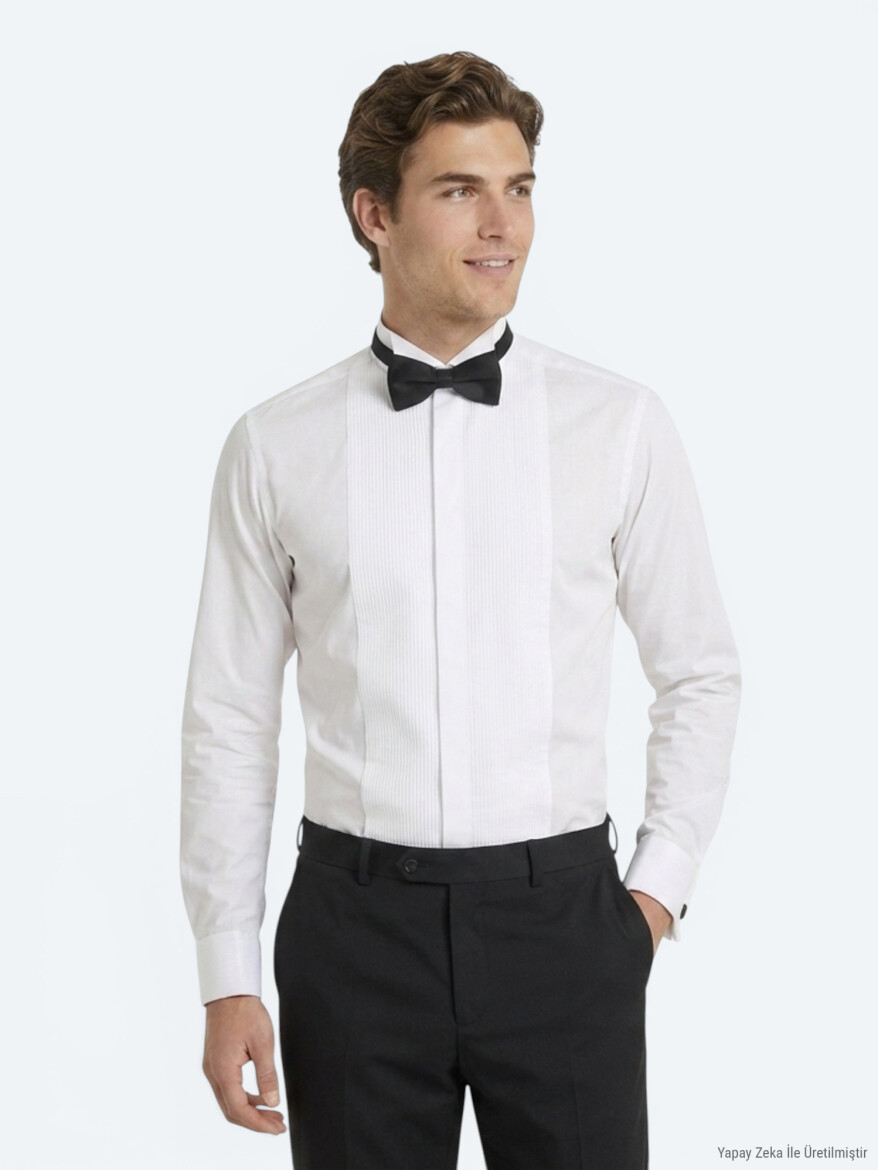 White Plain Slim Fit Double Cuff Tuxedo Shirts - KİP