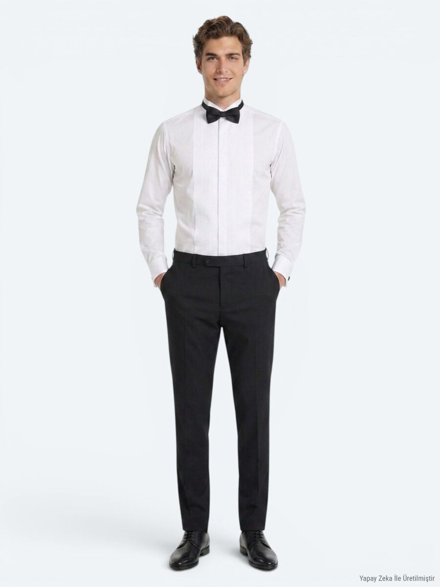White Plain Slim Fit Double Cuff Tuxedo Shirts - 2