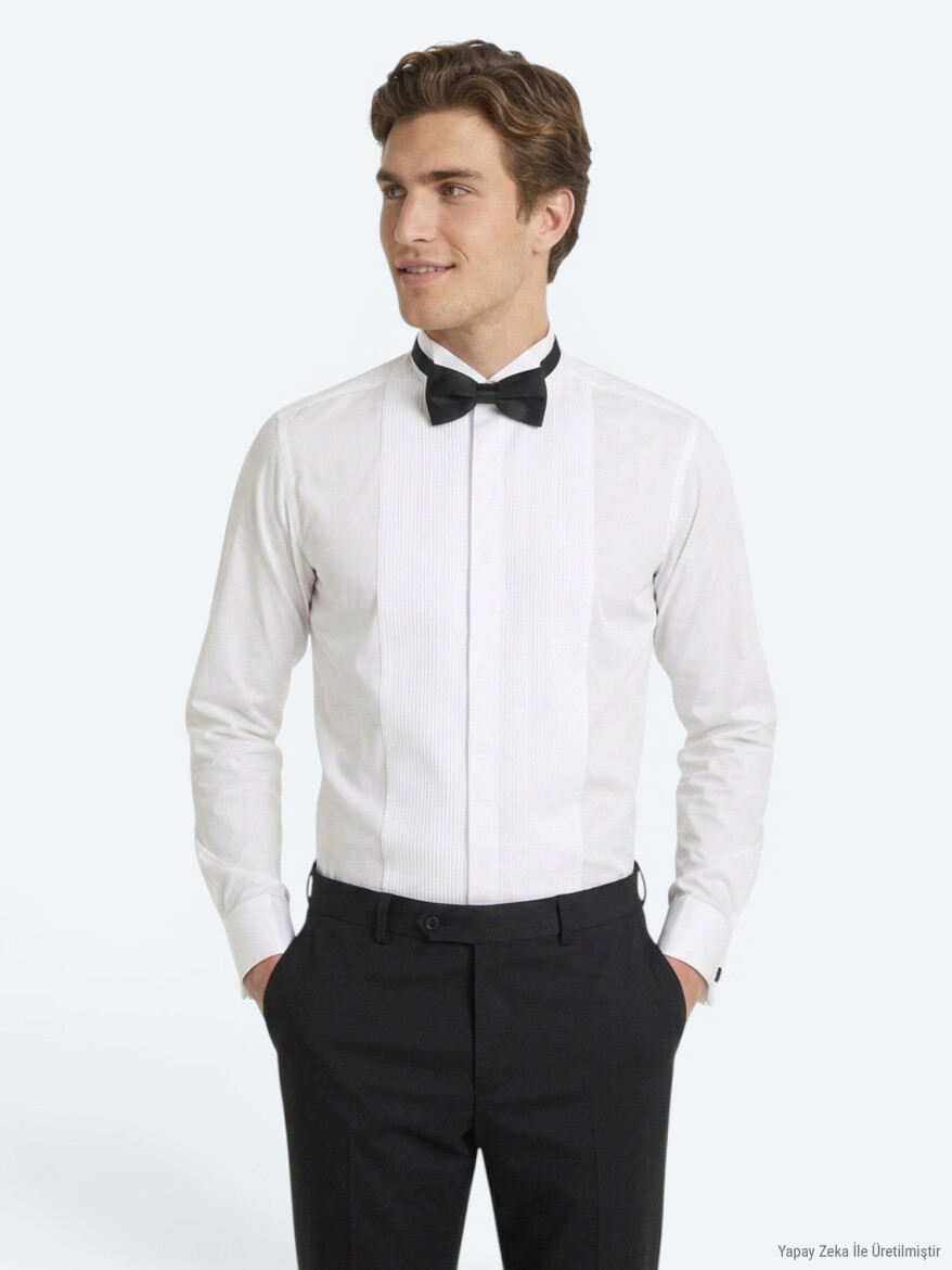 White Plain Slim Fit Double Cuff Tuxedo Shirts - 4