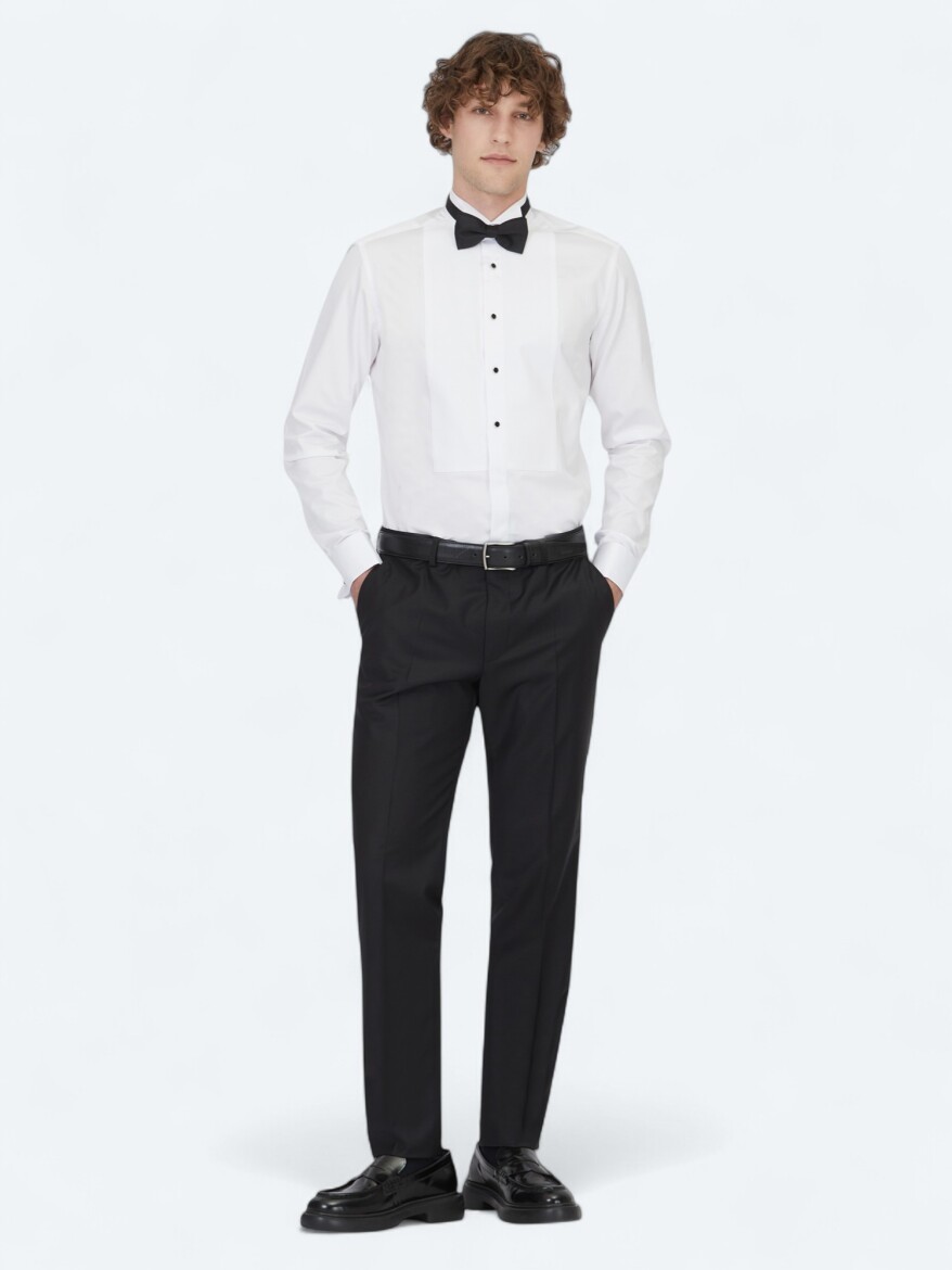 White Plain Slim Fit Double Cuff Wing Collar Tuxedo Shirts - KİP
