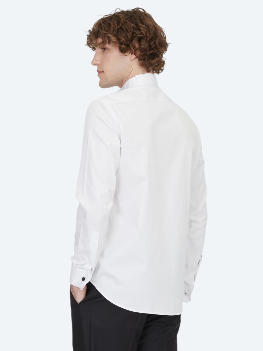White Plain Slim Fit Double Cuff Wing Collar Tuxedo Shirts - 5