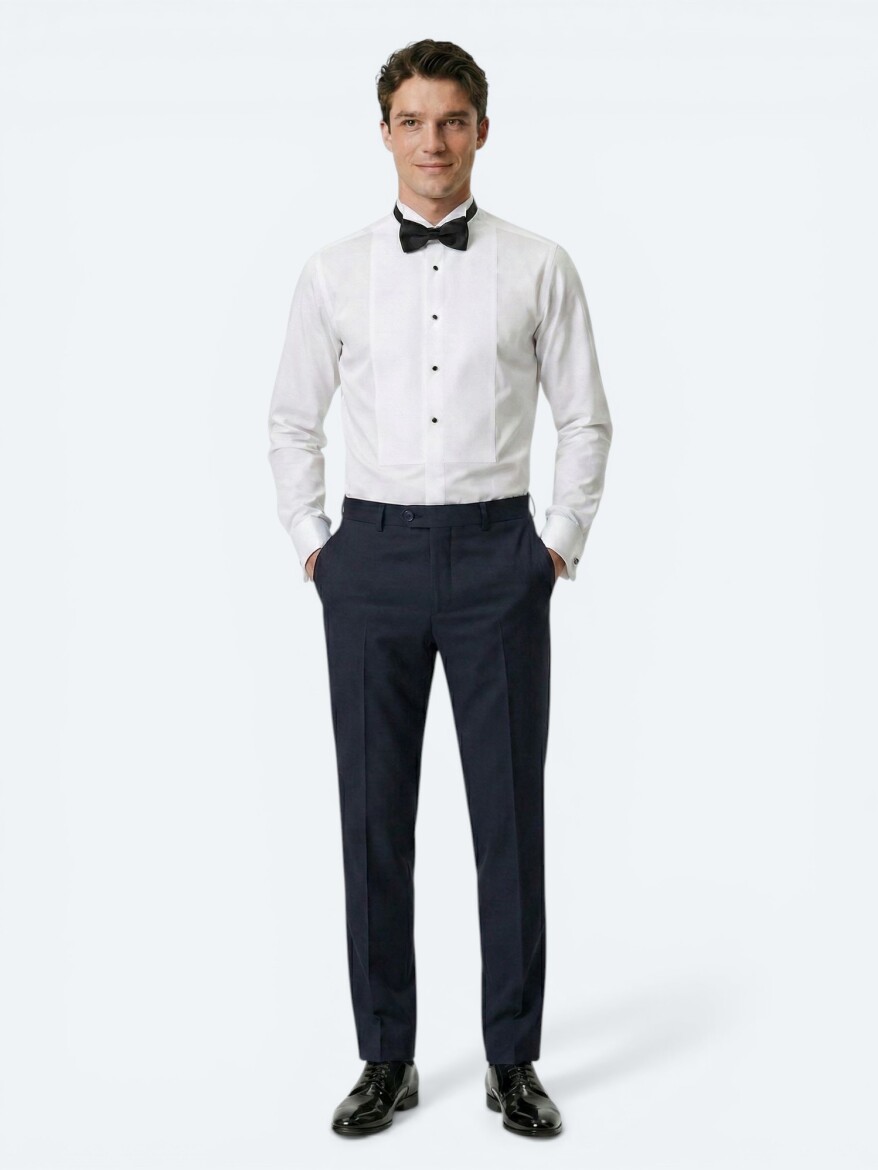 White Plain Slim Fit Double Cuff Tuxedo Shirts - KİP