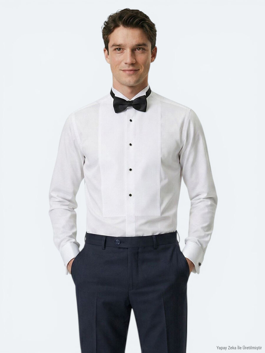 White Plain Slim Fit Double Cuff Tuxedo Shirts - 3