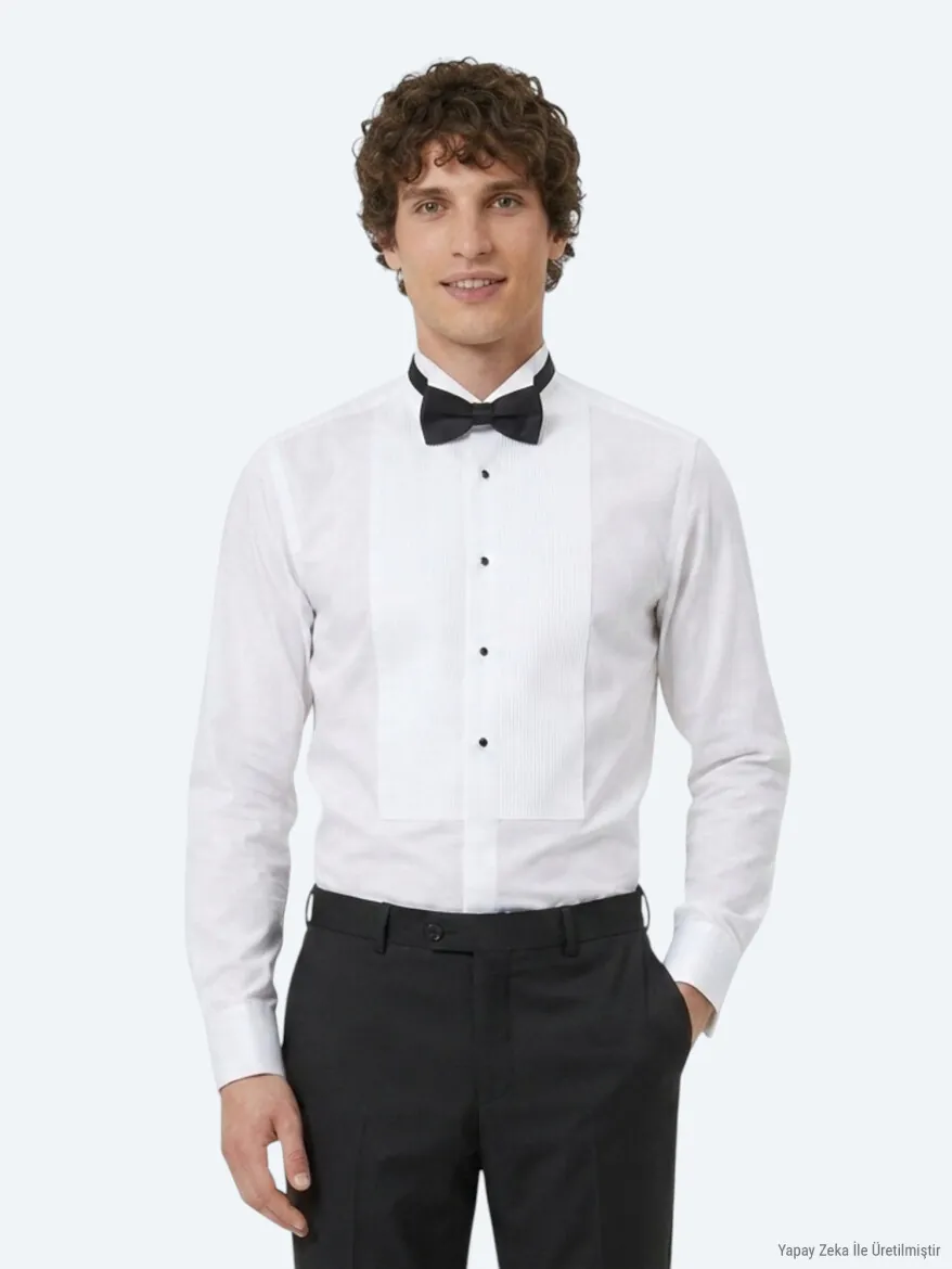 White Plain Slim Fit Double Cuff Tuxedo Shirts - 1