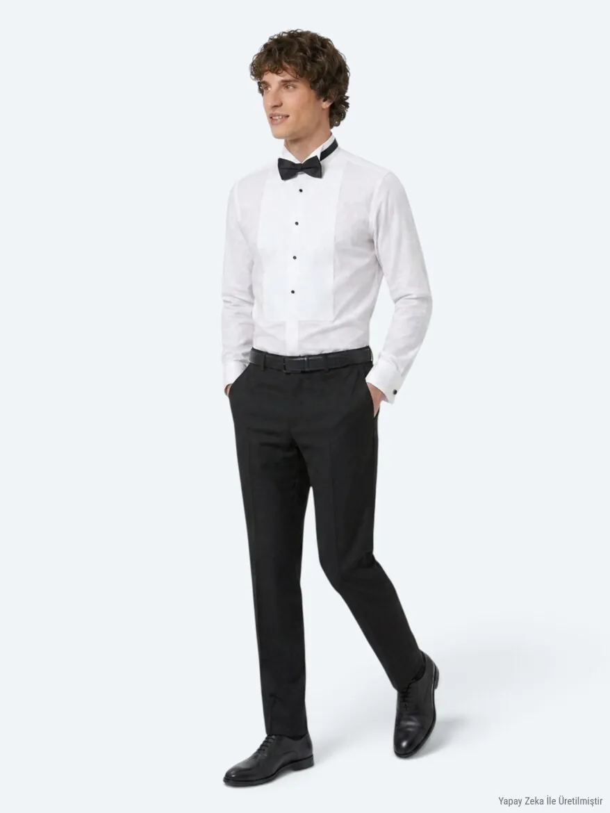 White Plain Slim Fit Double Cuff Tuxedo Shirts - 3