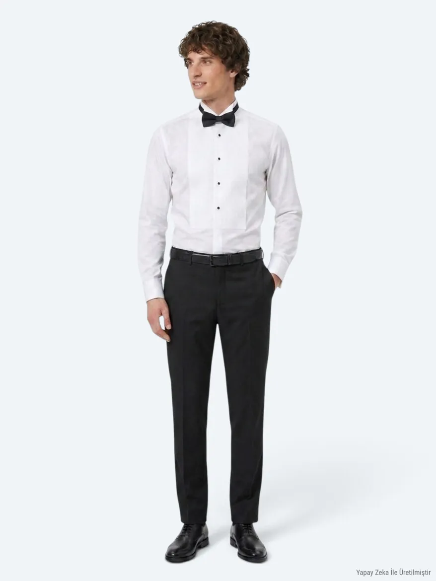 White Plain Slim Fit Double Cuff Tuxedo Shirts - 4