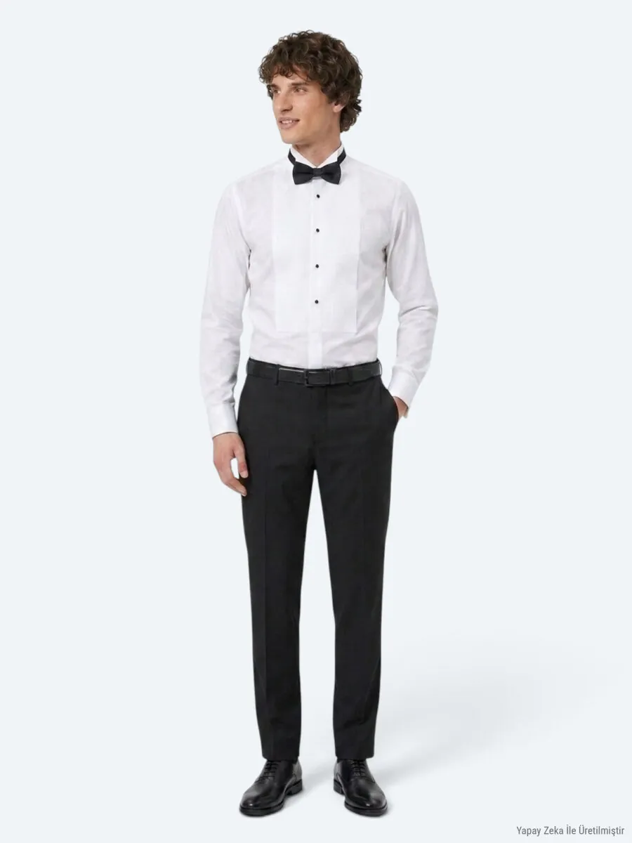 White Plain Slim Fit Double Cuff Tuxedo Shirts - 4