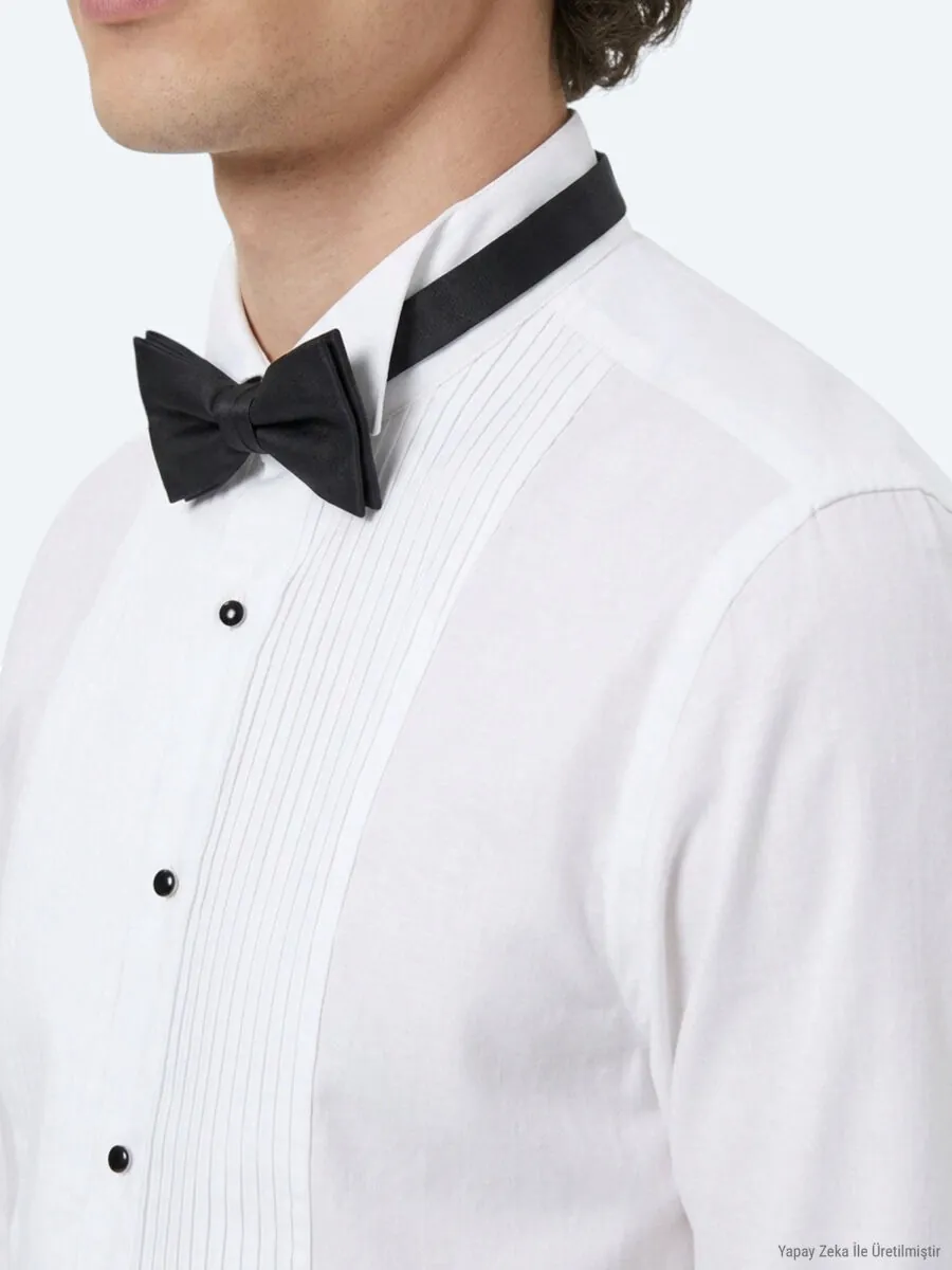 White Plain Slim Fit Double Cuff Tuxedo Shirts - 5