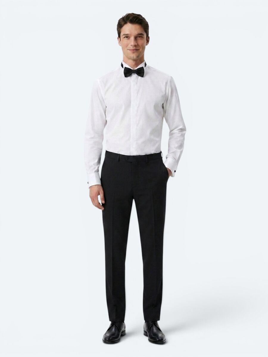 White Plain Slim Fit Double Cuff Wing Collar Tuxedo Shirts - 2