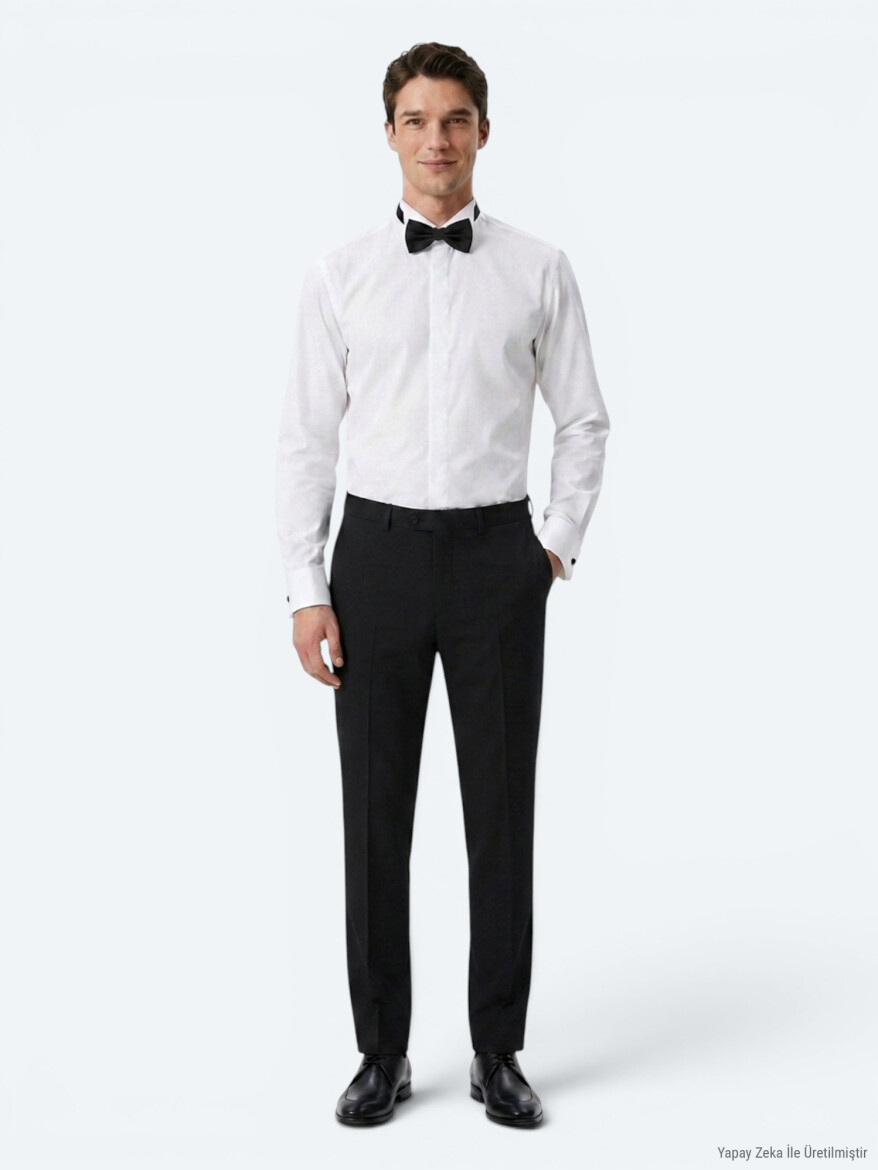 White Plain Slim Fit Double Cuff Wing Collar Tuxedo Shirts - KİP