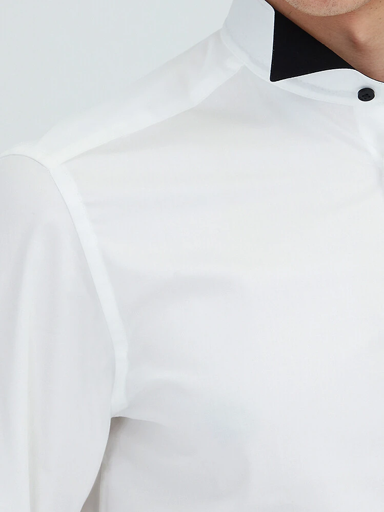 White Plain Slim Fit Double Cuff Wing Collar Tuxedo Shirts - 3