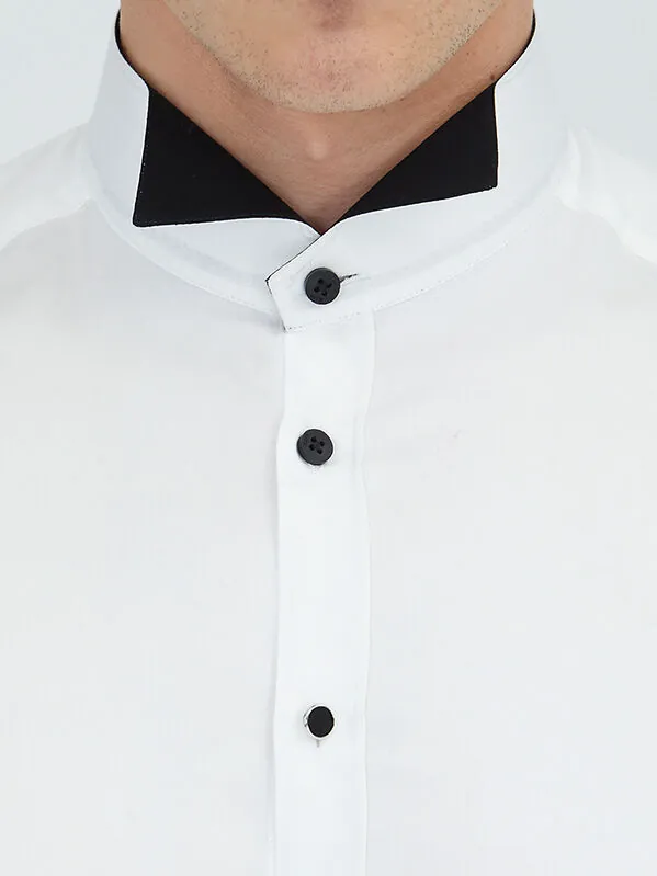 White Plain Slim Fit Double Cuff Wing Collar Tuxedo Shirts - 4