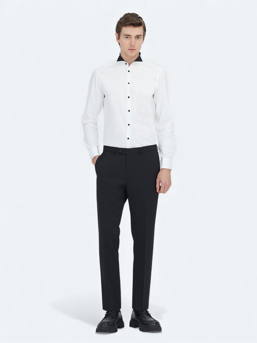 White Plain Slim Fit Double Cuff Wing Collar Tuxedo Shirts - 2