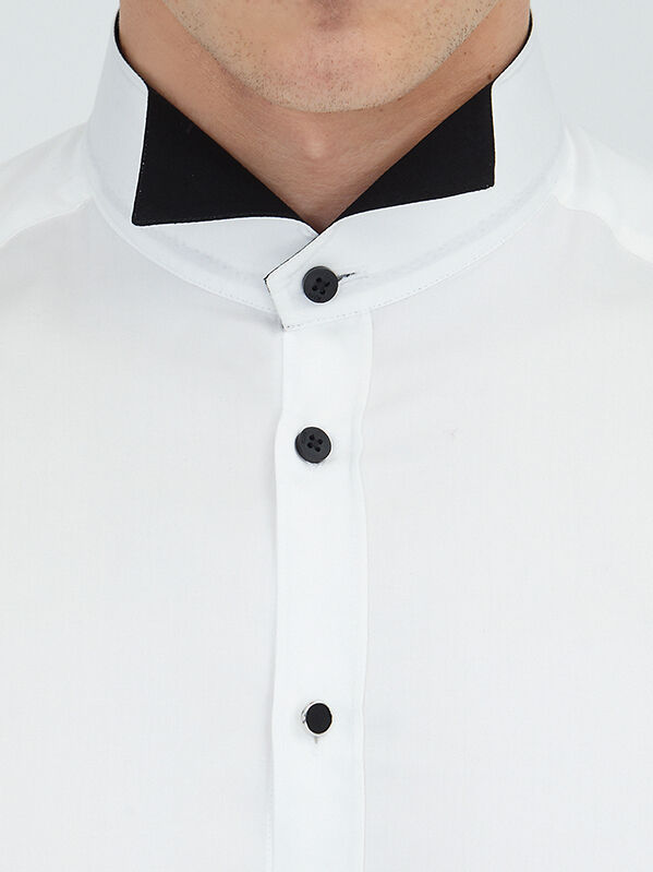 White Plain Slim Fit Double Cuff Wing Collar Tuxedo Shirts - 4