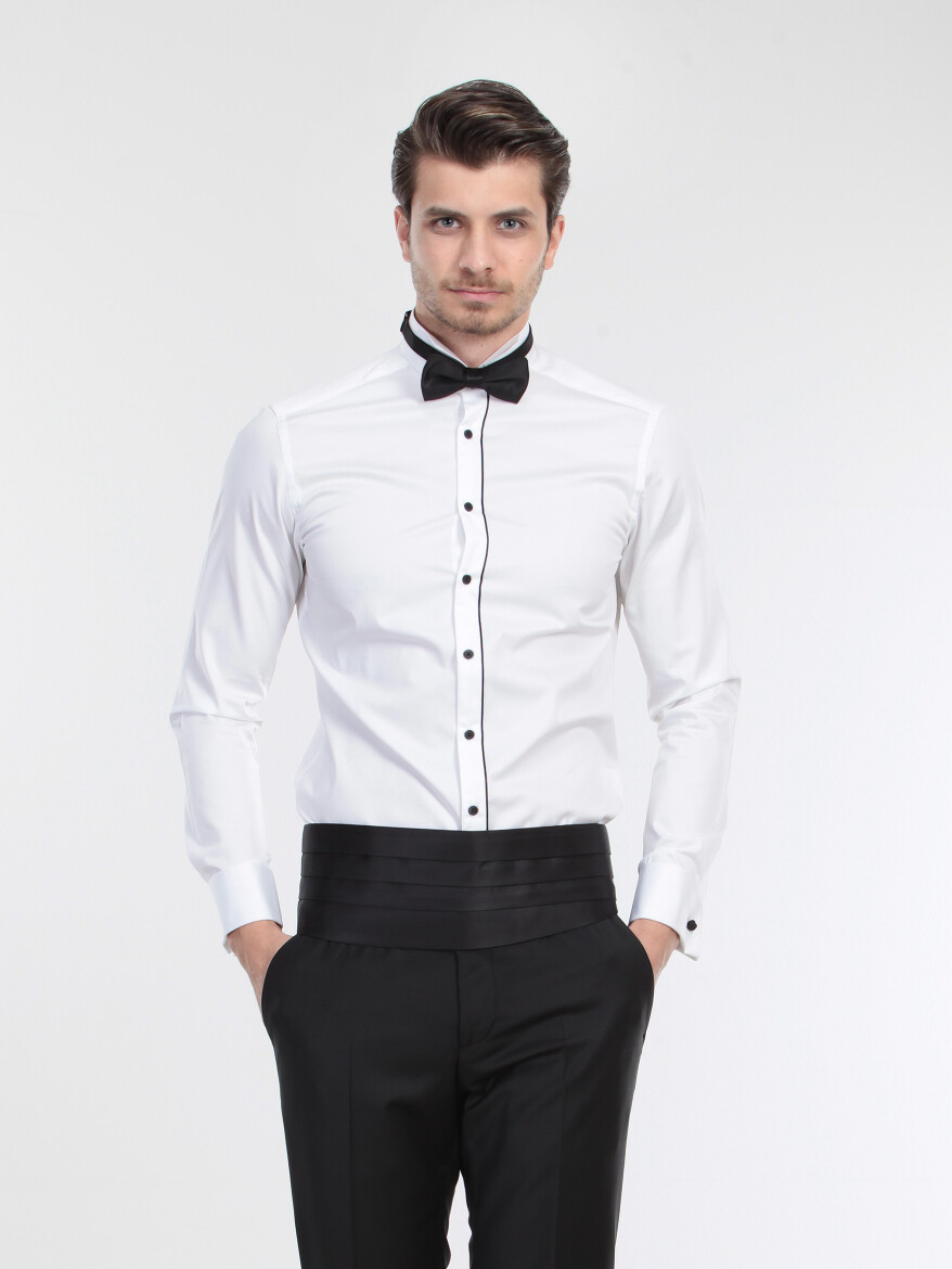 White Plain Slim Fit Double Cuff Wing Collar Tuxedo Shirts - 1